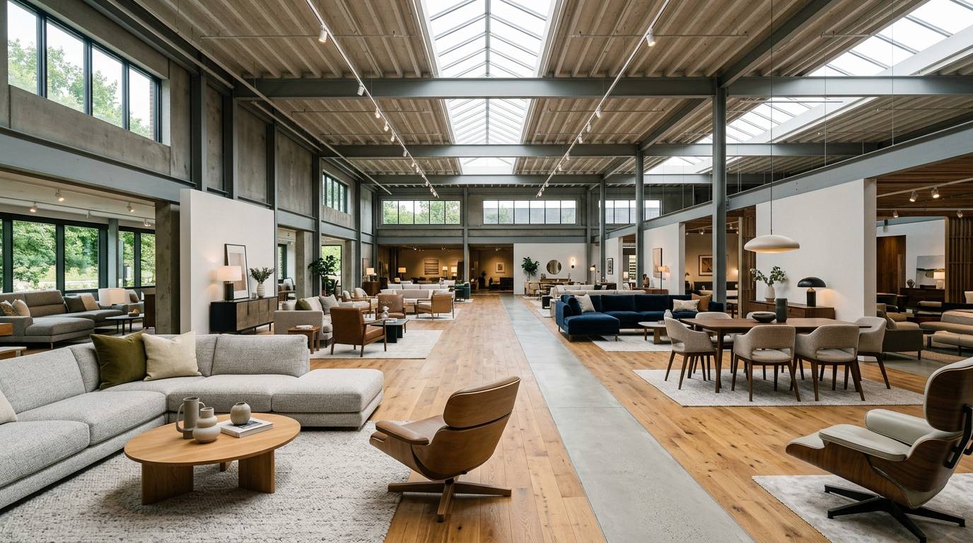 Furniture store interior with sofas and dining sets