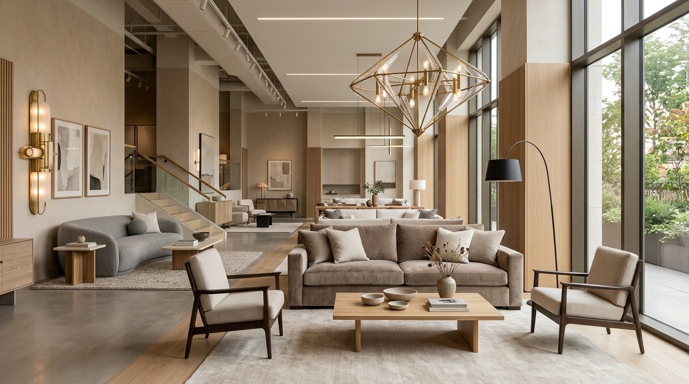 Interior design showroom with sofa displays