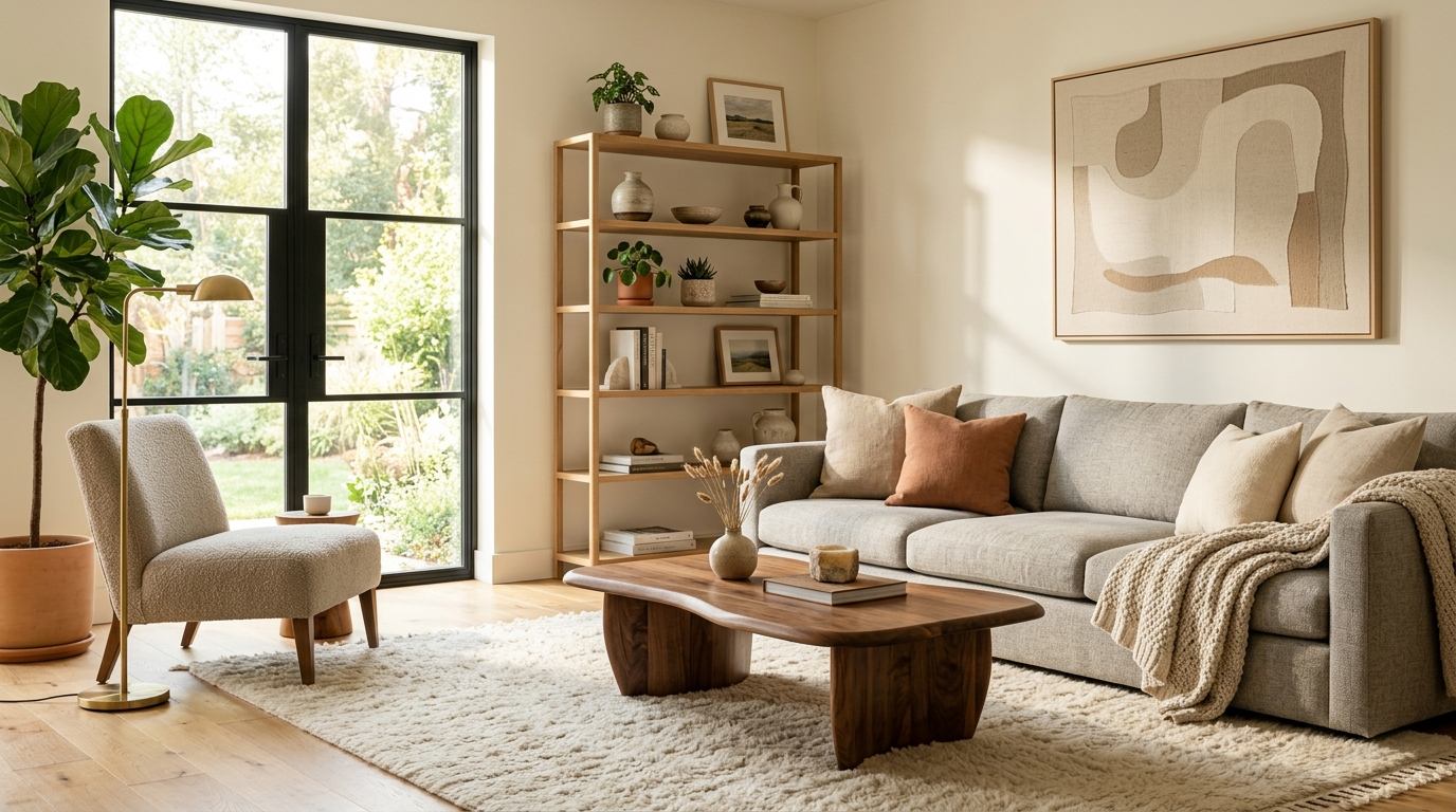 Modern living room setting with sofa and shelving