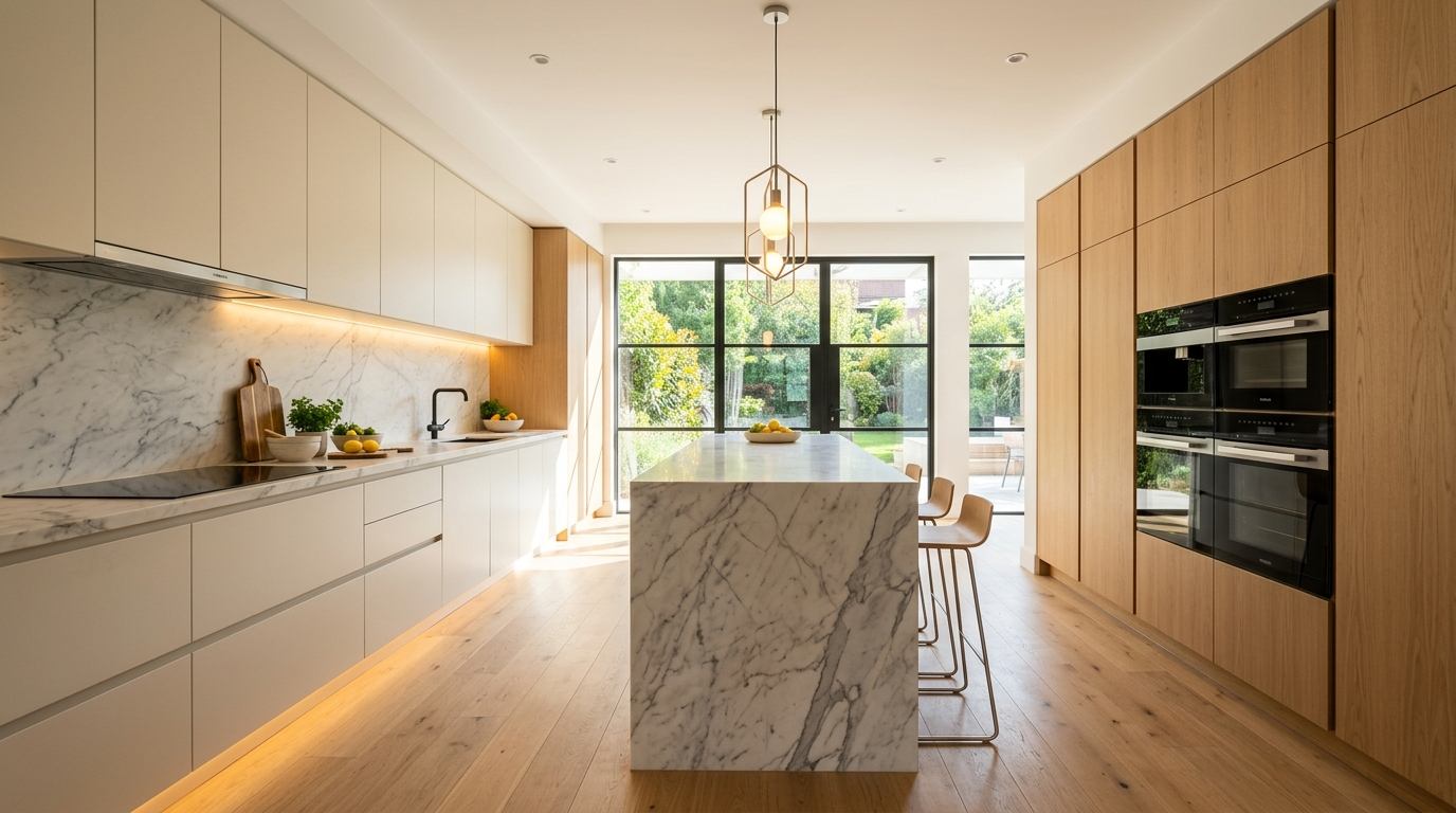 Modern kitchen with cabinetry and built-in appliances